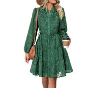 Vestido corto bohemio de manga larga para mujer, cuello alto falso, acampanado, de encaje, color negro, casual, holgado, acogedor, con botones, mini babydoll, verde, XL