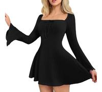 Vestido corto de cóctel de manga larga para mujer, cuello cuadrado fruncido, ajustado, de punto acanalado, para cóctel, para mujer, A03 negro, M