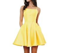 Vestido Corto de cóctel Formal sin Mangas, de satén, con Tirantes Finos y Escote Cuadrado, Espalda Descubierta y Tirantes Finos, Color Amarillo, Talla 5X Large.