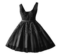 Vestido corto de graduación para mujer, vestido de cóctel formal de encaje con línea de tul, sin mangas, regreso a casa, graduación, Negro, M