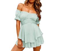 Vestido corto de manga abombada con hombros descubiertos para mujer, cuello cuadrado, con volantes, acampanado, vestido de playa con vuelo y vuelo de verano