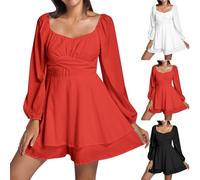 Vestido Corto de Manga abombada con Hombros Descubiertos para Mujers, Cuello Cuadrado, con Volantes, Acampanado, Vestido de Playa con Vuelo y Vuelo de Verano