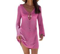 Vestido corto de manga larga con cuello en V para mujer, vestido de playa suelto y transparente con cordones, 1060, S