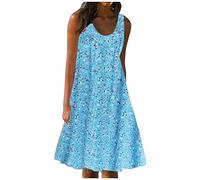 Vestido corto de verano para mujer, bohemio, estampado floral, plisado, sin mangas, casual, ajuste holgado, salida de playa, mini vestido de verano, talla grande, ofertas de liquidación, azul claro