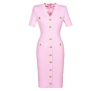 Vestido corto elástico de punto con botones sólidos para mujer, manga corta, cuello en V, vestido de negocios, 1060, S