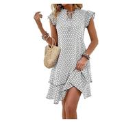 Vestido Corto Elegante Informal Holgado con Volantes for Mujer, Estampado con Escote en V y Cordones, Mangas pequeñas con Vuelo(White,S)