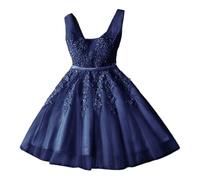 Vestido Corto Formal de Mujer, Vestido de Fiesta Encaje y Tul con Detalles Cuentas, Ideal para cócteles y graduaciones, Color Azul Marino, Talla pequeña.