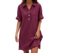 Vestido corto informal de verano - Vestidos de mujer con cuello en V y mangas cortas vestido con botones de color liso liso vestidos lisos ligeros fluidos Dress corto delantero y largo detrás vestido