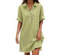 Vestido corto informal de verano - Vestidos de mujer con cuello en V y mangas cortas vestido con botones de color liso liso vestidos lisos ligeros fluidos Dress corto delantero y largo detrás vestido
