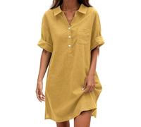 Vestido corto informal de verano - Vestidos de mujer con cuello en V y mangas cortas vestido con botones de color liso liso vestidos lisos ligeros fluidos Dress corto delantero y largo detrás vestido
