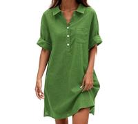 Vestido corto informal de verano - Vestidos de mujer con cuello en V y mangas cortas vestido con botones de color liso liso vestidos lisos ligeros fluidos Dress corto delantero y largo detrás vestido