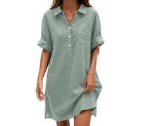 Vestido corto informal de verano - Vestidos de mujer con cuello en V y mangas cortas vestido con botones de color liso liso vestidos lisos ligeros fluidos Dress corto delantero y largo detrás vestido