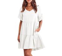 Vestido Corto Mujer Verano Vestidos de Mujer Vestido Verano Boho Bohemio Informal Playa Evase Manga Corta Holgado Cuello Pico Volantes Mujer Vestidos Cortos Playeros Informales para Mujer Blanco L