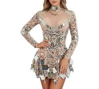 Vestido corto para mujer, vestido de noche brillante, malla de baile, con lente de diamante, cuello halter sin espalda, vestido de baile sexy, línea A, elástico, minivestido de manga larga, vestido de