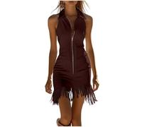 Vestido corto sin mangas - Vestidos de mujer con cuello de revers vestido de color liso ajuste Slim Vestidos con flecos estilo francés Dress Bolsillos y cremallera Jupe en la cintura de moda, Wine, S