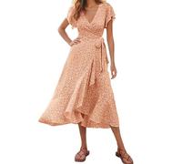 Vestido cruzado elegante para mujer, vestido de verano con volantes, manga corta, vestido floral, cuello en V, vestido de verano con cordones laterales, vestido de playa boho fluido, naranja, L