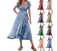 Vestido cruzado elegante para mujer, vestido de verano con volantes, manga corta, vestido floral, cuello en V, vestido de verano con cordones laterales, vestido de playa boho fluido, Negro , S