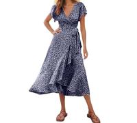 Vestido cruzado elegante para mujer, vestido de verano con volantes, manga corta, vestido floral, cuello en V, vestido de verano con cordones laterales, vestido de playa boho fluido, marine, XL