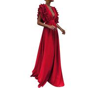 Vestido cruzado para mujer, cuello en V, mangas con volantes, vestido midi escalonado, cintura A, vestido largo de fiesta, cardigan para mujer, tallas grandes, rojo, XXL