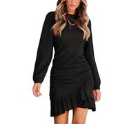 Vestido CUPSHE de mujer, de cuello redondo, manga larga, con pliegues decorativos, dobladillo asimétrico con volantes, estilo cruzado, vestido corto de ocio elegante para fiesta, mini vestido, Negro