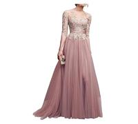 Vestido Dama De Honor Elegantes Vestidos Largos de Dama de Honor de Tul Rosa y Azul, Apliques de Encaje, Media Manga, Abertura Alta, Vestidos de Fiesta de Noche for Invitados de Boda(Pink,12)