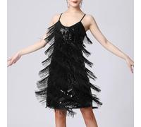 Vestido de baile de salón de lentejuelas para mujer, vestido de fiesta de tango latino brillante, sin mangas, cuello en V, borlas, flecos (XL negro)