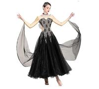 Vestido De Baile De Salón para Mujer Trajes De Baile De Actuación De Tango De Vals Estándar De Encaje Vestidos De Salsa De Empalme De Malla Moderna Ropa De Baile Foxtrot Gran Columpio,Negro,L