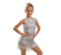 Vestido de Baile de Salsa Niña Vestido Danza Latina Cha Cha Rumba Plata 3-4 años