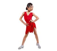 Vestido de Baile Latino con Flecos para niñas, Cuello en V, sin Mangas, para Bailar Rumba, Tango, Salsa, cha cha cha.,Rojo,170