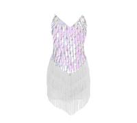 Vestido de baile latino con lentejuelas para niñas de 5 a 11 años, sin mangas, cuello en V, borlas, vestido de baile, blanco, 10-11 años