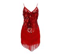 Vestido de baile latino con lentejuelas para niñas de 5 a 11 años, sin mangas, cuello en V, borlas, vestido de baile, rosso, 7-8 años