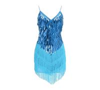 Vestido de baile latino con lentejuelas para niñas de 5 a 11 años, sin mangas, cuello en V, borlas, vestido de baile, azul celeste, 5-6 años