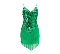 Vestido de baile latino con lentejuelas para niñas de 5 a 11 años, sin mangas, cuello en V, borlas, vestido de baile, verde, 6-7 años