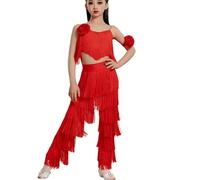 Vestido de Baile Latino de 2 Piezas para niñas, Camisola con borlas Flecos Conjunto atuendos Baile de salón vestidospráctica de Tango Salsa competiciones de Baile de salón,Rojo,160