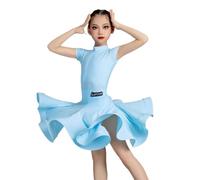Vestido de Baile Latino de Cuello Alto sin Mangas para niñas, Falda de competición de Tango para Baile de salón para Fiesta Salsa Rumba cha-cha Disfraz de Baile Profesional,Azul,130cm