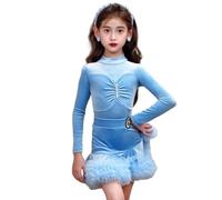 Vestido de Baile Latino de Terciopelo para niña, Manga Larga, Traje de Baile Cha Cha Jazz, Atuendo de Escenario, Vestido Latino, competición de salón, Ropa de Baile,Sky Blue,130cm