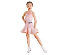 Vestido de Baile Latino estándar sin Mangas para niñas Falda de Baile de salón y cha-cha con Volantes para niños Disfraces de competición de Baile,Rosado,140cm