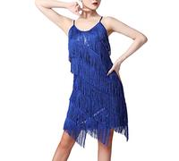 Vestido de Baile Latino para Mujer Vintage Lentejuela Vestido con Borla Disfraz de 1920s Gastby Vestido de Rumba Tango Salsa Samba con Flecos Ropa de Baile de Salón Dancewear Azul Real XX-Large