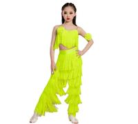 Vestido de Baile Latino para niña, con borlas, para Baile de salón, Profesional con Flecos para Rumba Tango Salsa práctica y competición,Fluorescent Yellow,160