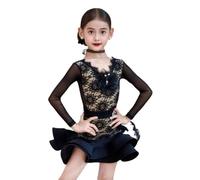 Vestido de Baile Latino para niñas, Falda de Manga Larga Malla Encaje, Adecuado para competiciones y presentaciones Baile Infantil Vaquero Samba Corrida toros cha cha Rumba,Negro,160cm