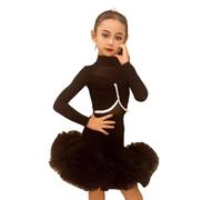 Vestido de Baile Latino para niñas, Manga Larga Ideal para salón de Baile, Salsa y Tango. Falda para práctica competición y presentaciones,Negro,130cm
