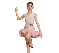 Vestido de Baile Latino para niñas, Ropa de competición de Tango de Nailon con Cuello en V Falda de práctica Dividida para Escenario,Rosado,130