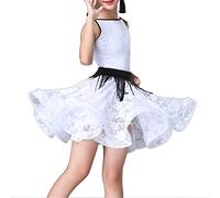 Vestido De Baile Latino para Niñas, Vestido De Baile De Salón Falbala para Niños, Traje De Práctica De Rendimiento para Rumba Samba Cha Cha Tango Party Swing Skirt,10Years,Ivory