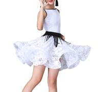 Vestido De Baile Latino para Niñas, Vestido De Baile De Salón Falbala para Niños, Traje De Práctica De Rendimiento para Rumba Samba Cha Cha Tango Party Swing Skirt,8Years,Ivory