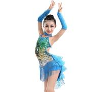 Vestido De Baile Latino Profesional For Niña, Vestidos De Baile De Salón Con Lentejuelas, Vestido De Baile De Salsa Con Flecos For Fiesta(Blue,140)