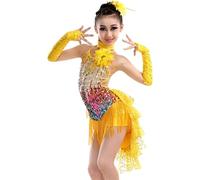 Vestido De Baile Latino Profesional For Niña, Vestidos De Baile De Salón Con Lentejuelas, Vestido De Baile De Salsa Con Flecos For Fiesta(Yellow,140)