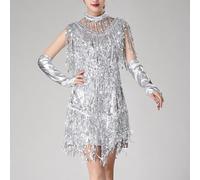 Vestido de baile latino sin espalda con lentejuelas para mujer, para rumba, cha, tango, samba, sin mangas, cuello en V, fiesta, club, vestido de poliéster con cierre de cremallera lateral (XL