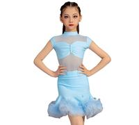 Vestido de Baile Latino sin Mangas para niñas, Atuendo de competición de Baile de salón para niños, Vestido de Baile Latino con borlas de Salsa y Tango con Empalme de Malla,Sky Blue,M