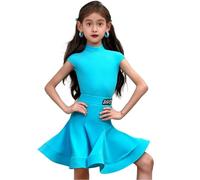 Vestido de Baile Latino sin Mangas para niñas, Ideal para competiciones de Baile de salón cha cha Samba y Rumba Trajes de Baile,Light Blue,130