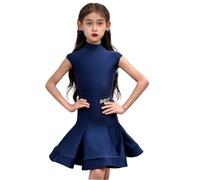Vestido de Baile Latino sin Mangas para niñas, Ideal para competiciones de Baile de salón cha cha Samba y Rumba Trajes de Baile,Navy Blue,170
